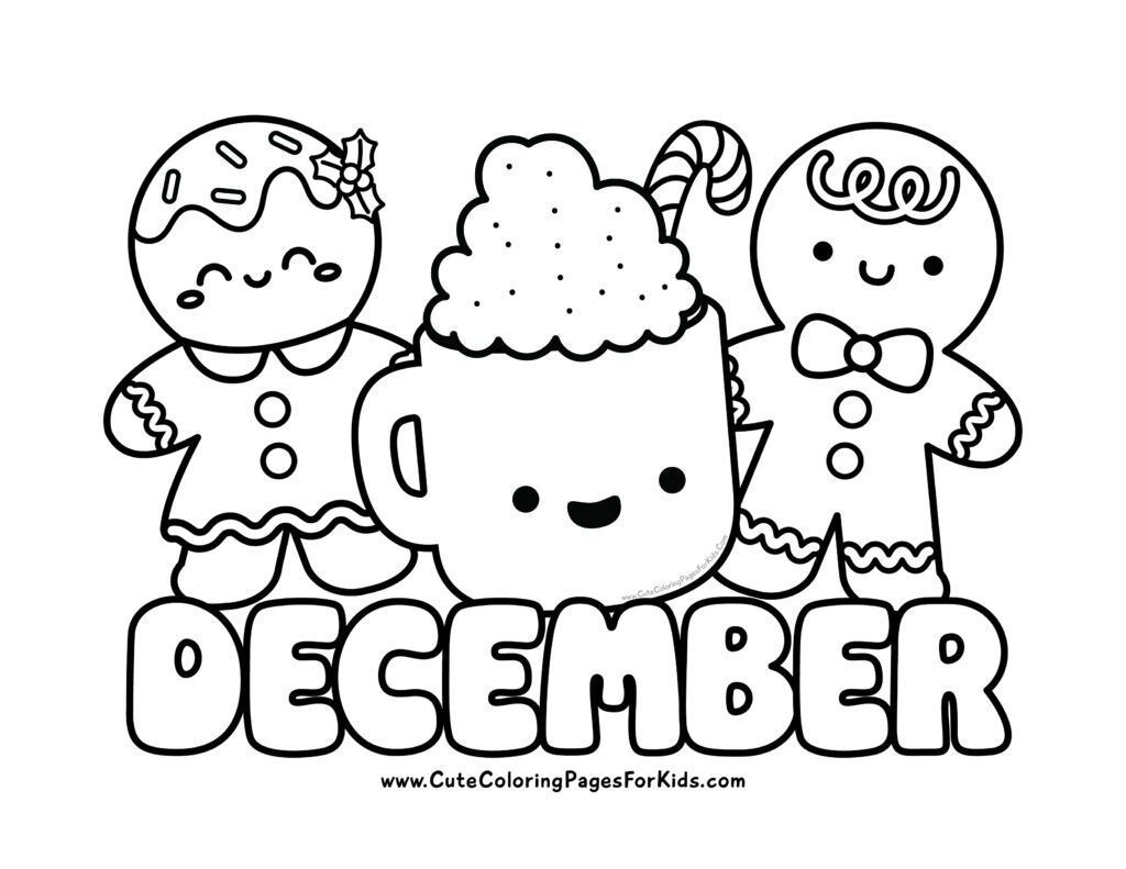 December coloring page with cute illustrations of hot cocoa with a candy cane in the center with gingerbread boy and girl on either side