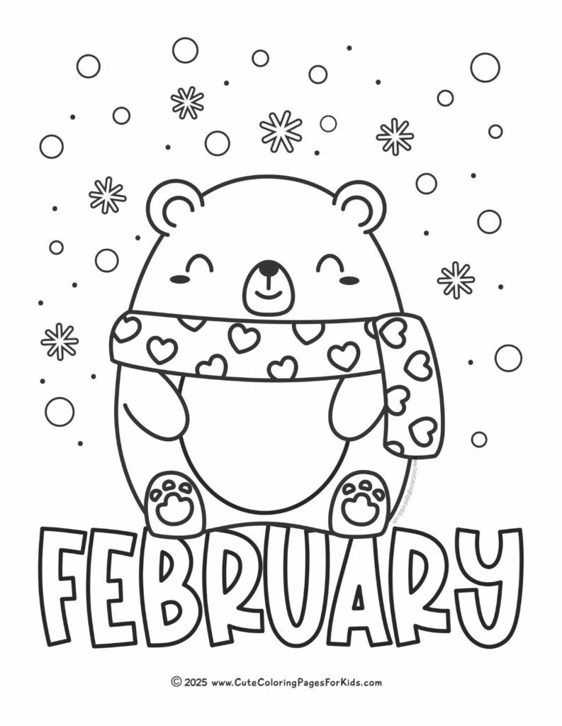 coloring page with bear wearing a scarf with hearts and the word February at the bottom