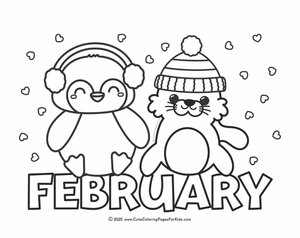 preschool coloring page with the word February with simple drawings of a penguin and seal