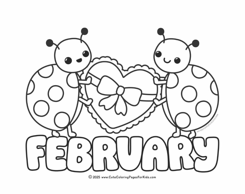 February coloring page with two cute ladybugs holding a heart with a bow
