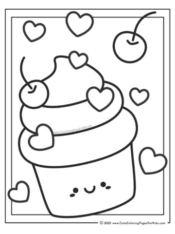 valentines cupcake coloring page - easy illustration with large elements to color