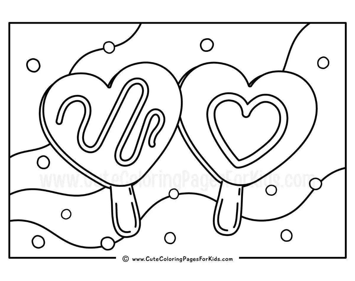 coloring page of heart-shaped popsicles with wavy lines