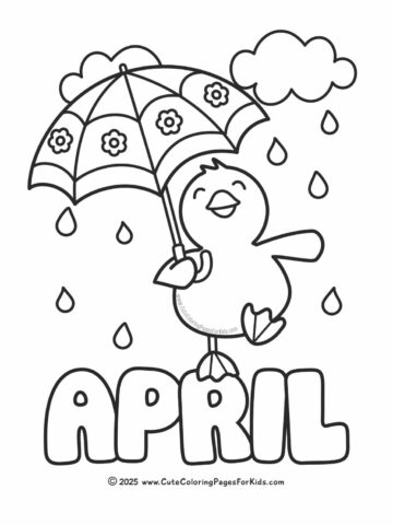 april coloring page with cute duckling holding an umbrella and walking in the rain