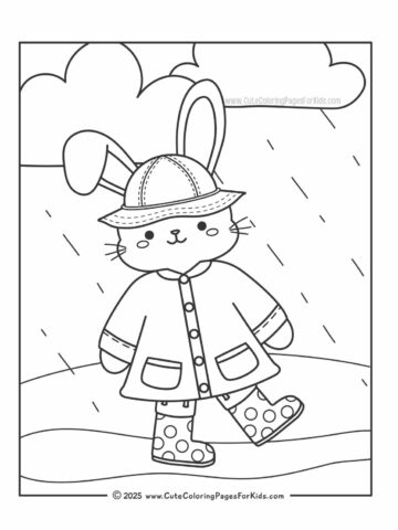 coloring page of a bunny wearing rain gear and walking in the rain