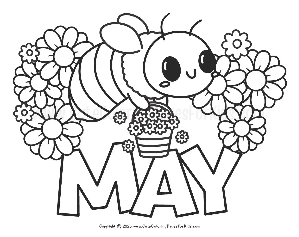 may coloring page with cute bee carrying basket of flowers