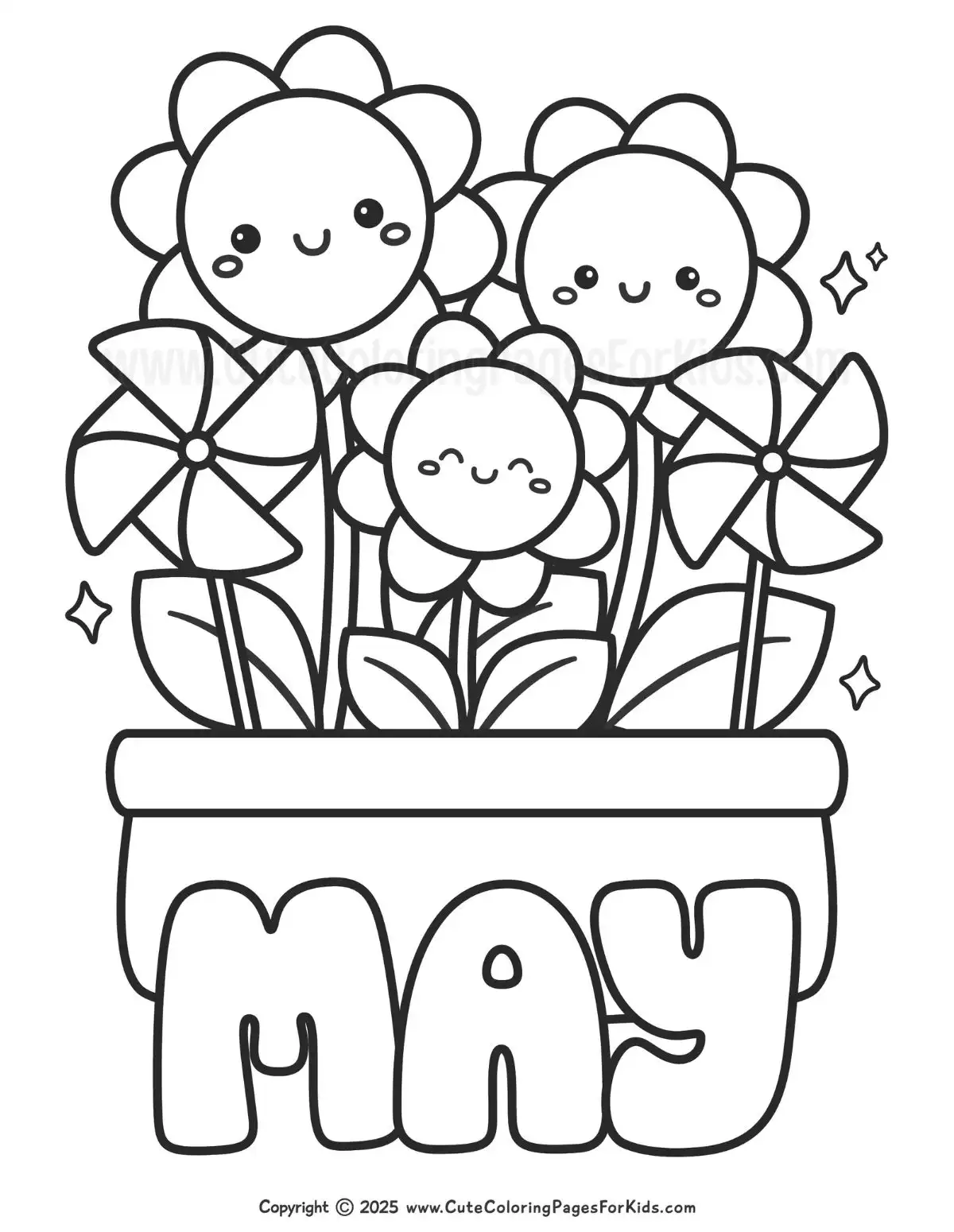 coloring sheet for May with an illustration of a planter box filled with smiling flowers and pinwheels