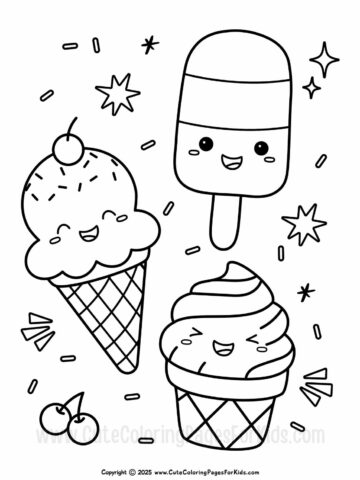 ice cream coloring page with a variety of three different shaped cute ice creams to color