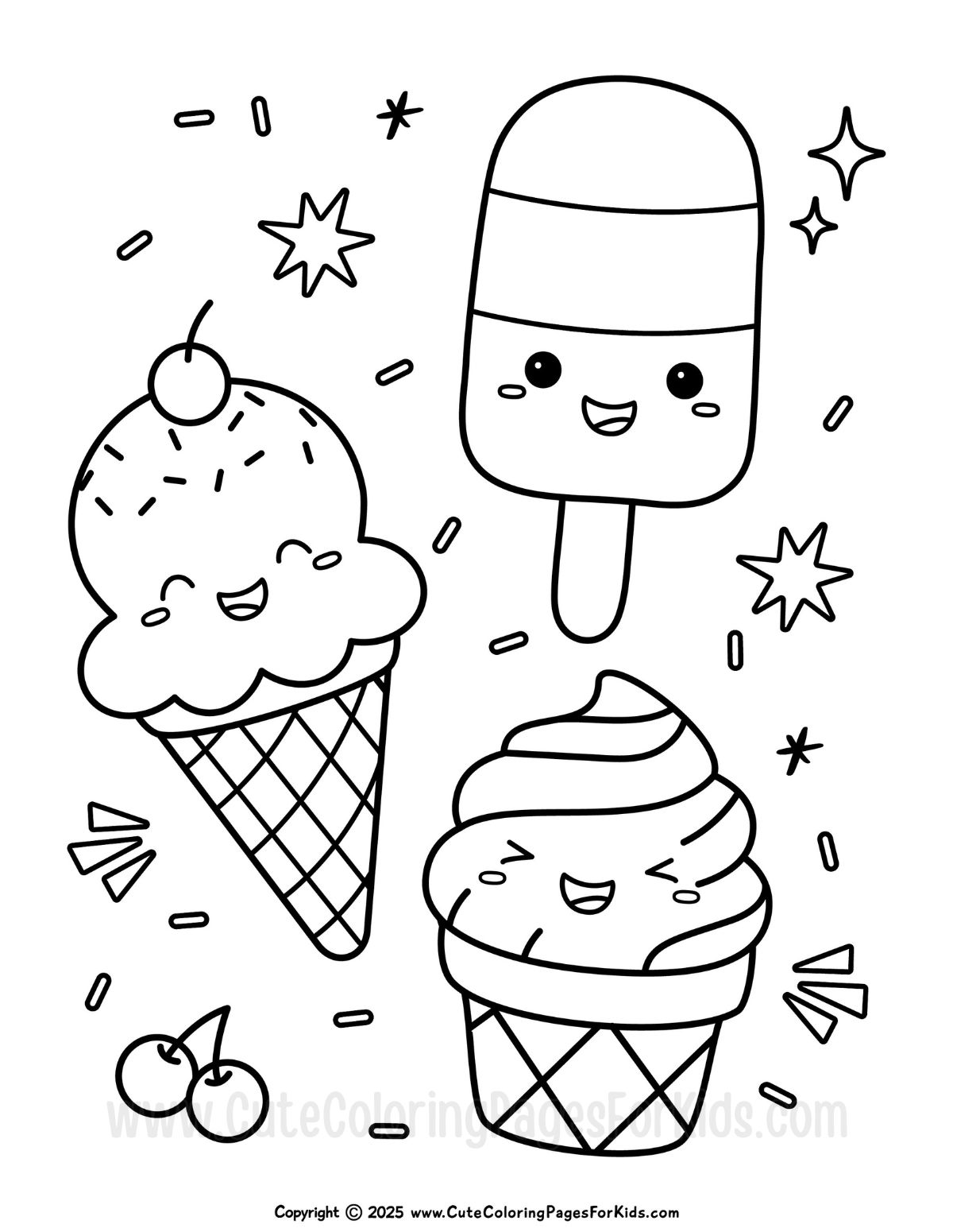 ice cream coloring page with a variety of three different shaped cute ice creams to color