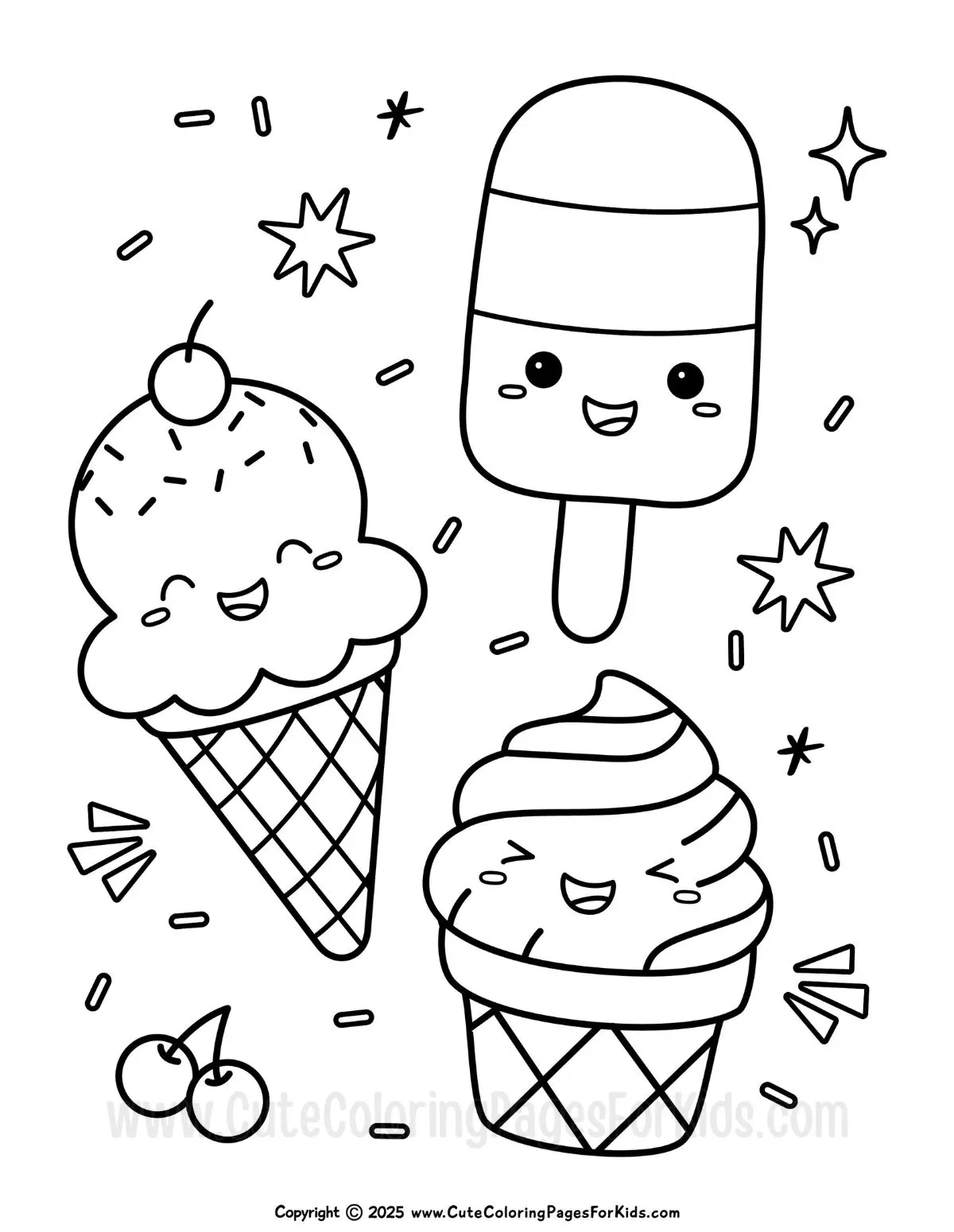 ice cream coloring page with a variety of three different shaped cute ice creams to color