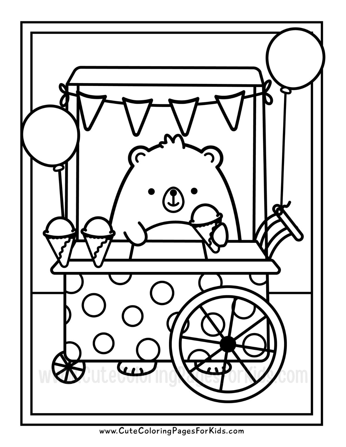 bear with ice cream cart coloring page