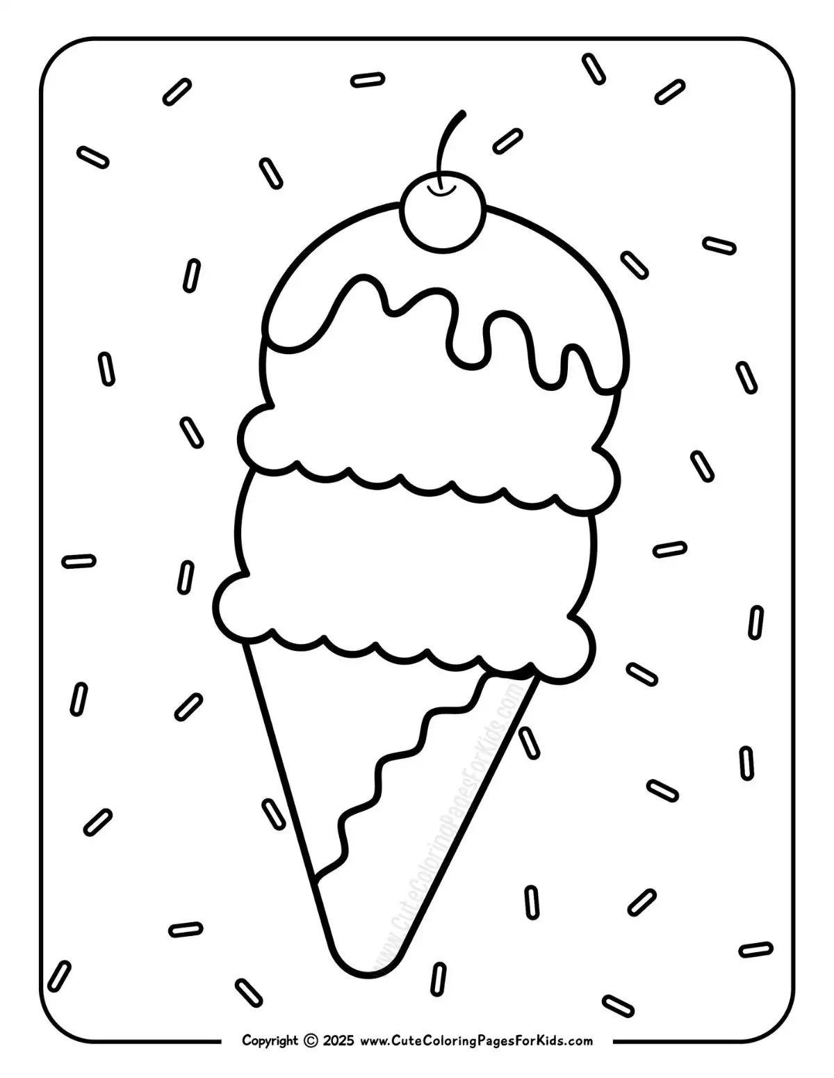 simple ice cream cone coloring page with two scoops of ice cream and a cherry on top