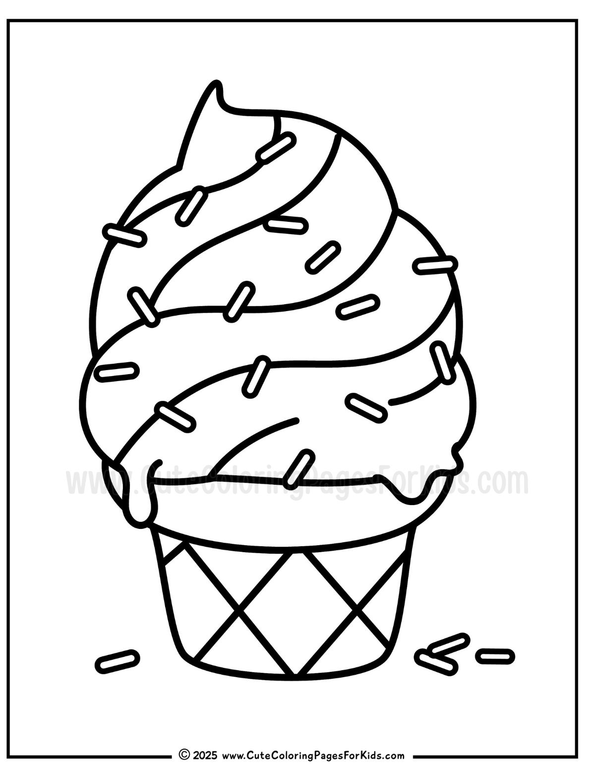 soft serve ice cream cone coloring page with ice cream that is drippy and swirly, bold lines