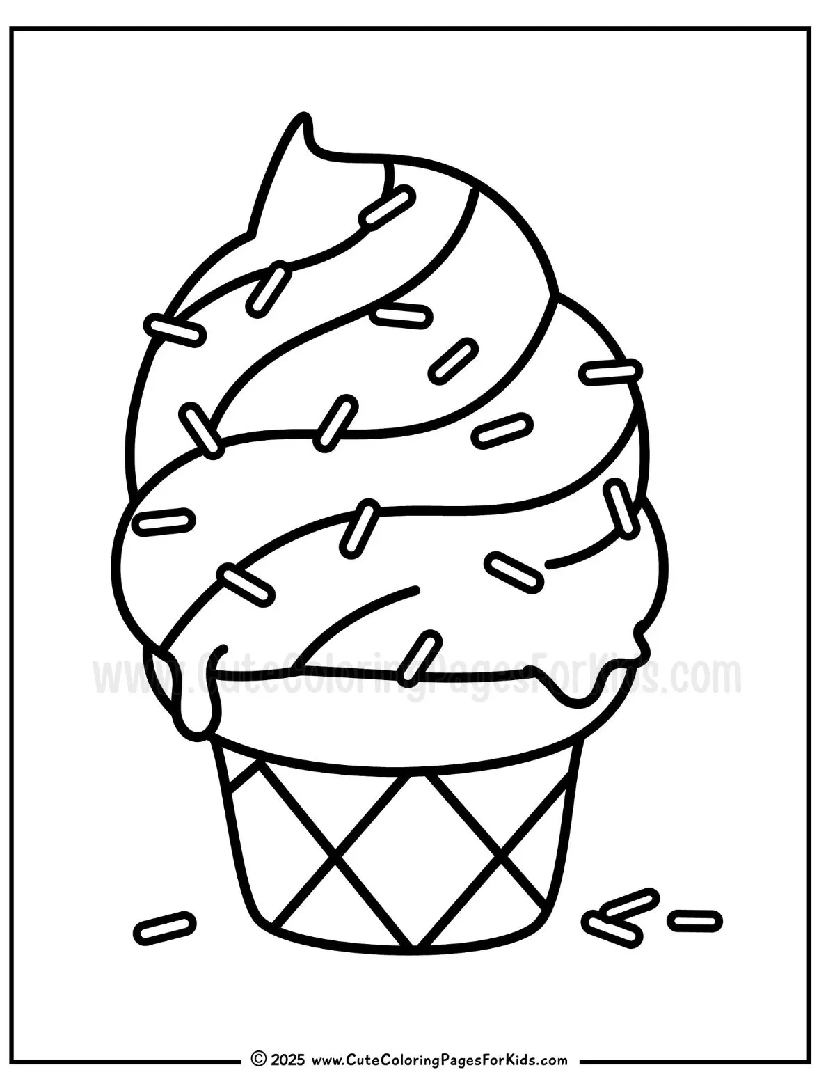 soft serve ice cream cone coloring page with ice cream that is drippy and swirly, bold lines