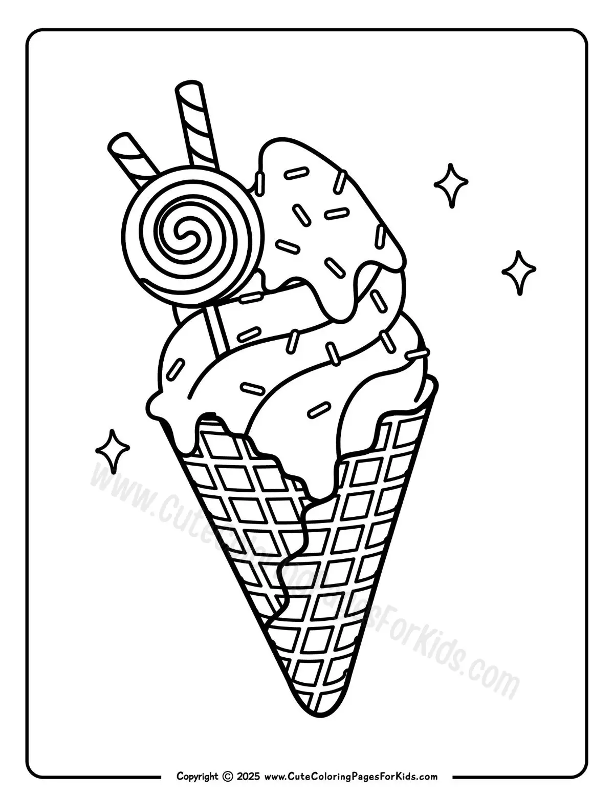 coloring page of a waffle cone ice cream with fun toppings
