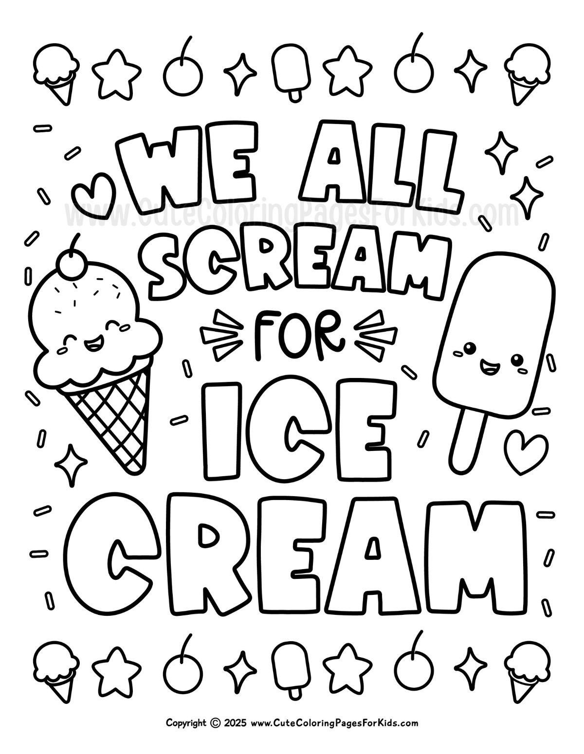 we all scream for ice cream coloring page with ice cream cones, sprinkles, and stars