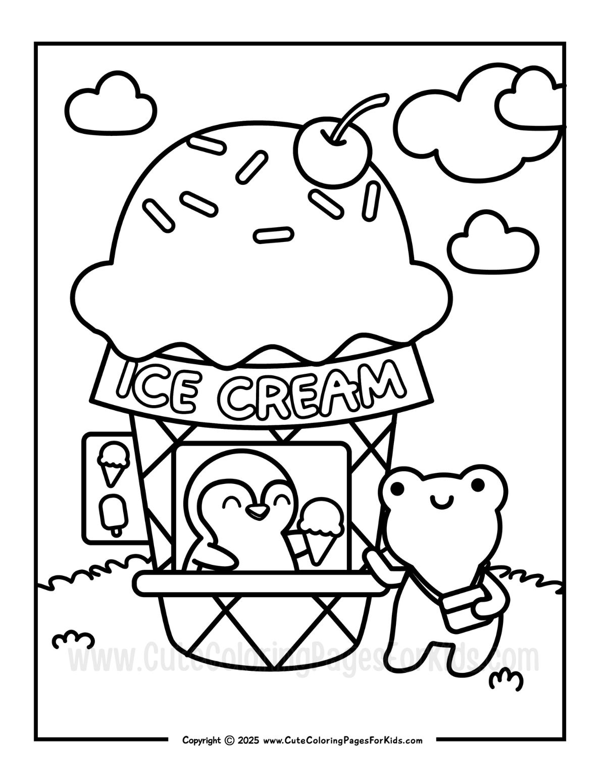 I cream stand coloring page with penguin selling Ice cream out of an ice cream cone