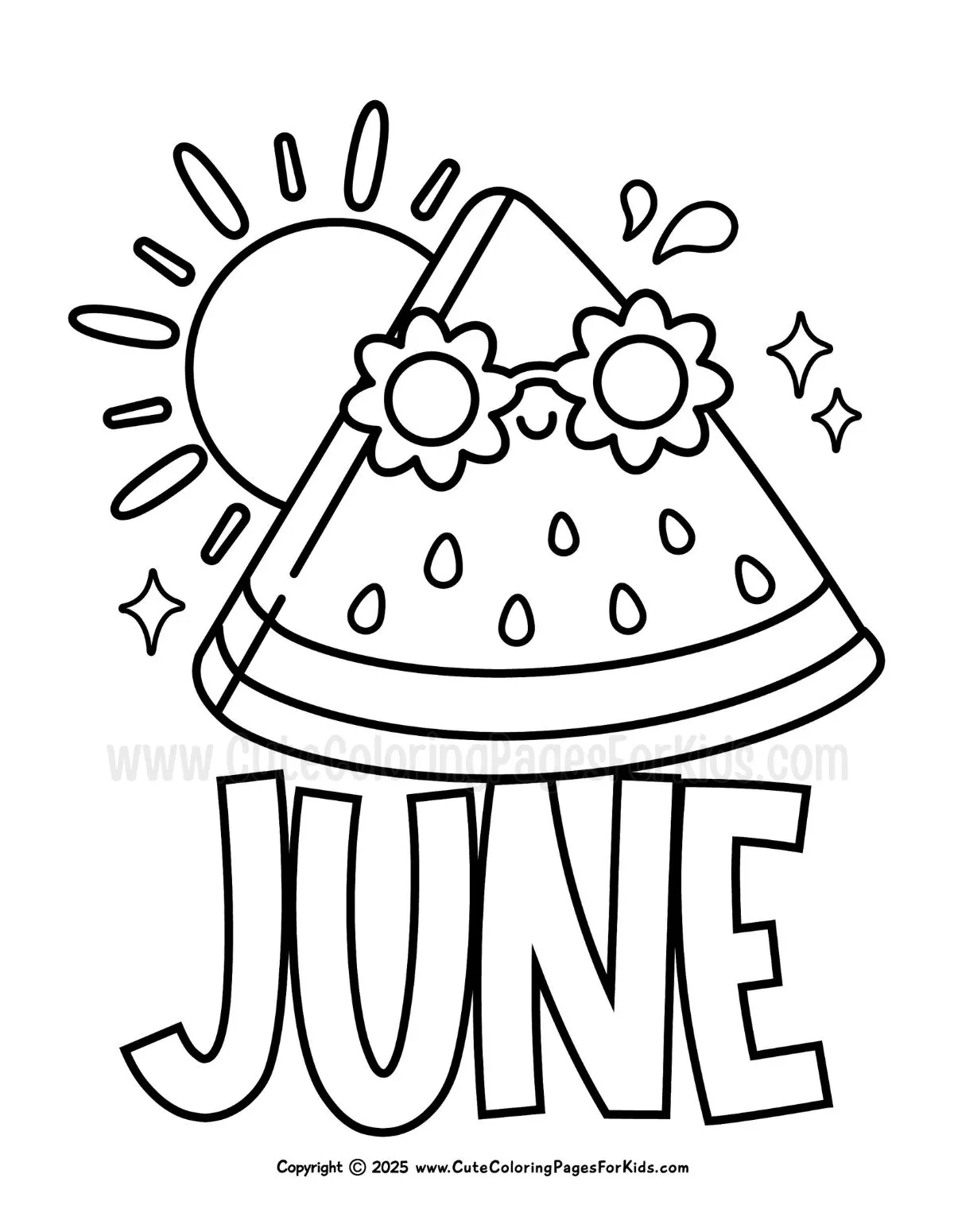 cute June coloring sheet with watermelon wearing sunglasses and the word June