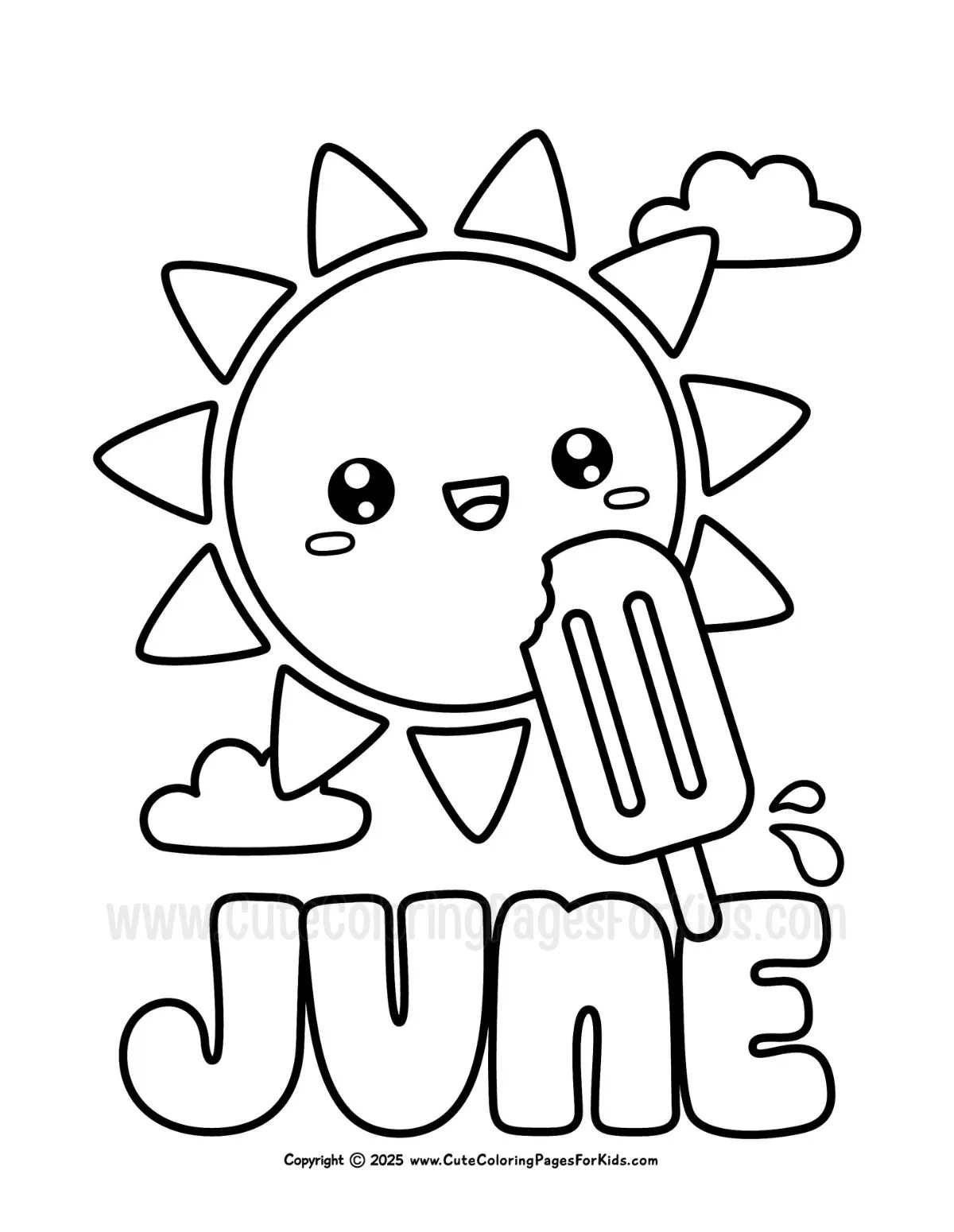easy june coloring page with cute sun and popsicle with the word June