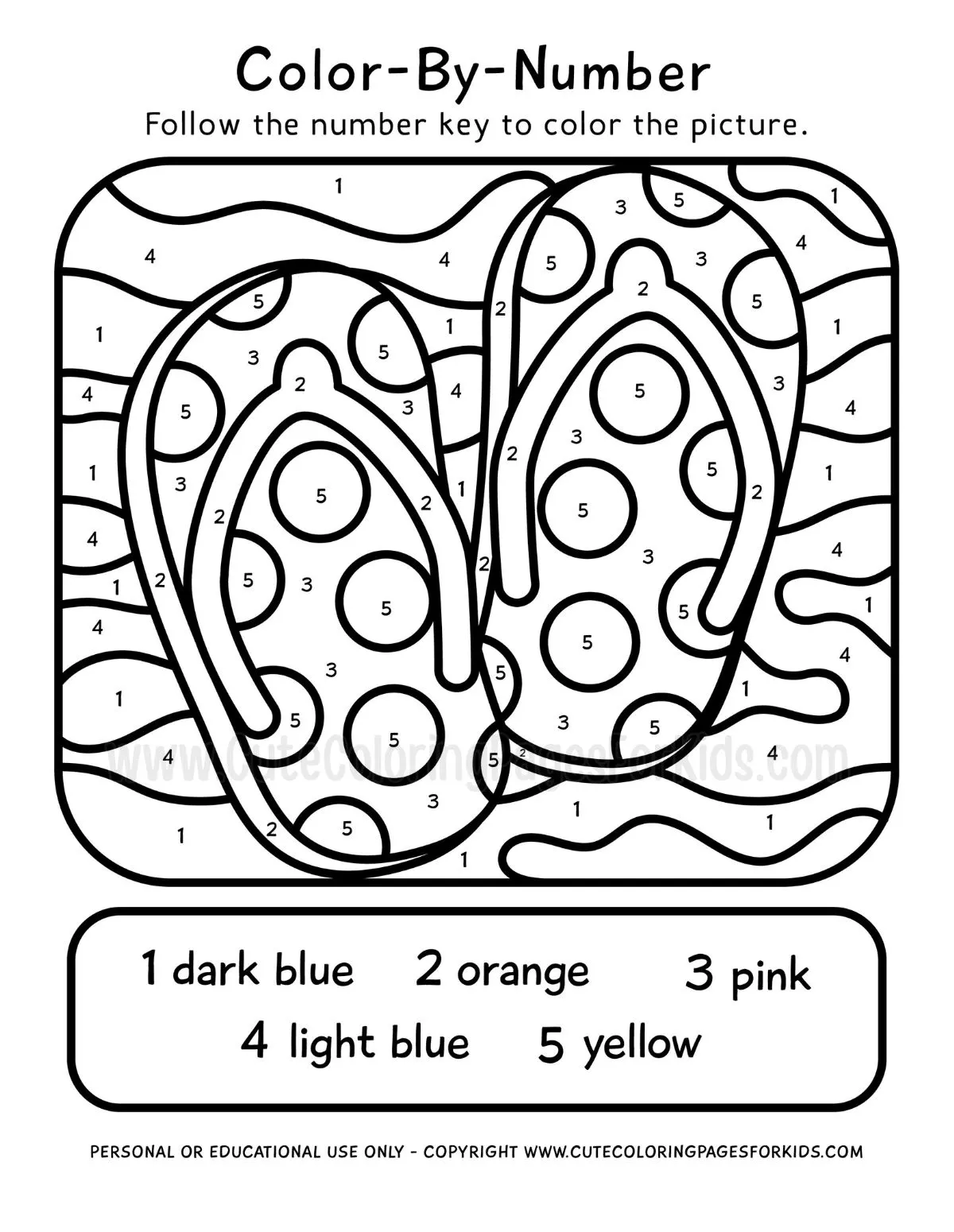 summer themed color by number with picture of flip flops in water