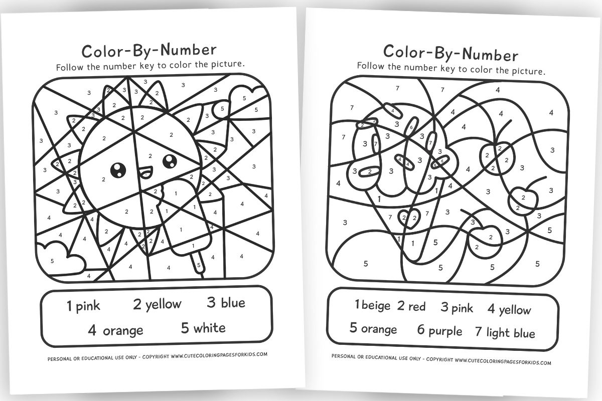 summer color by number sheets with sunshine and ice cream cone