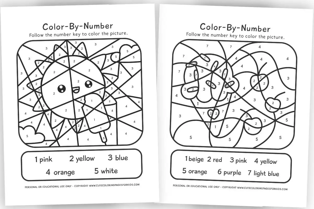 summer color by number sheets with sunshine and ice cream cone