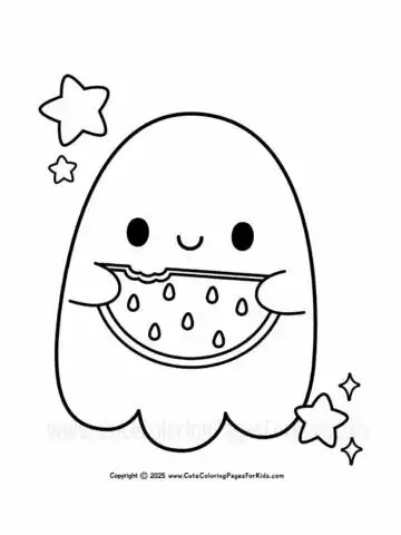 coloring page with easy to color ghost eating a watermelon