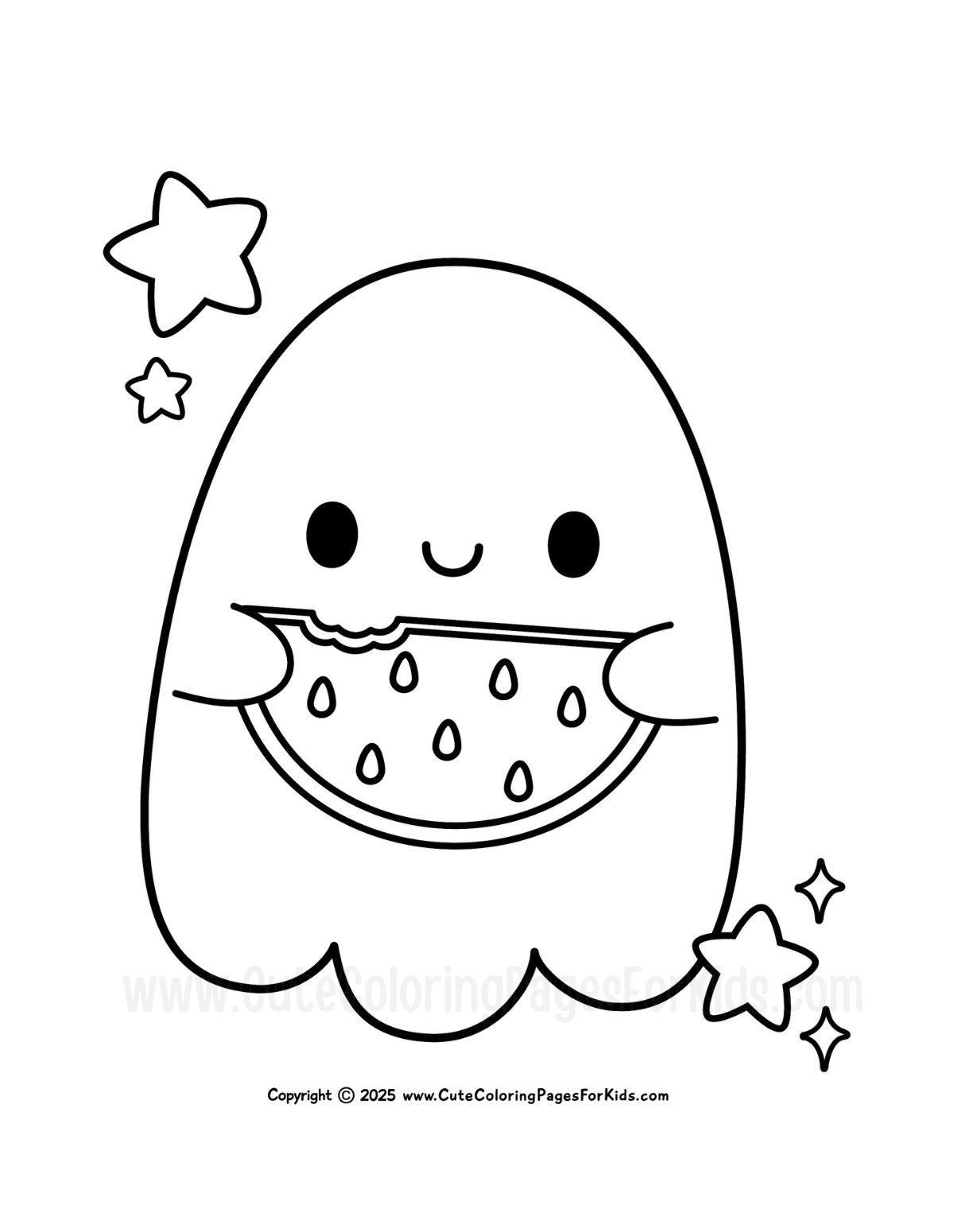 coloring page with easy to color ghost eating a watermelon