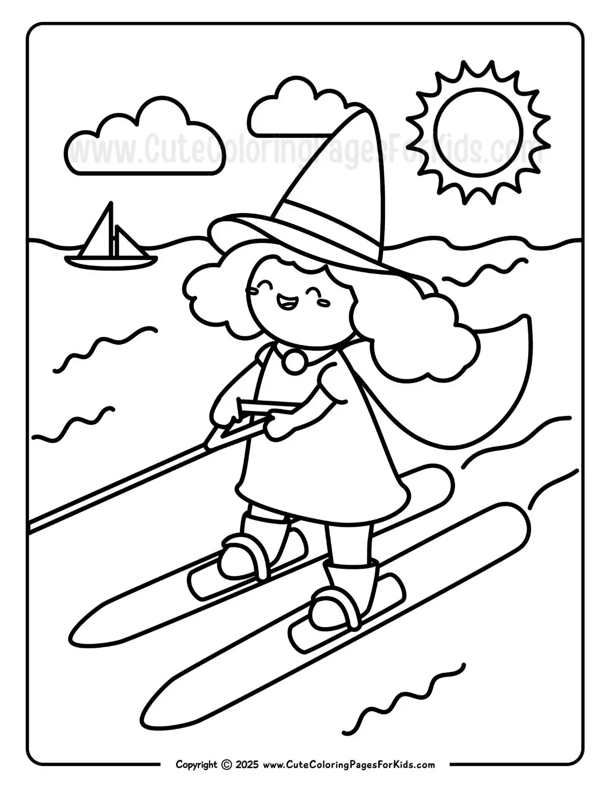 coloring page with summer witch water-skiing