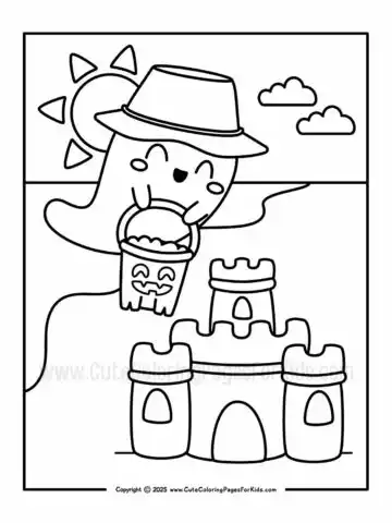 summerween coloring page with picture of a cute ghost building a sand castle on the beach