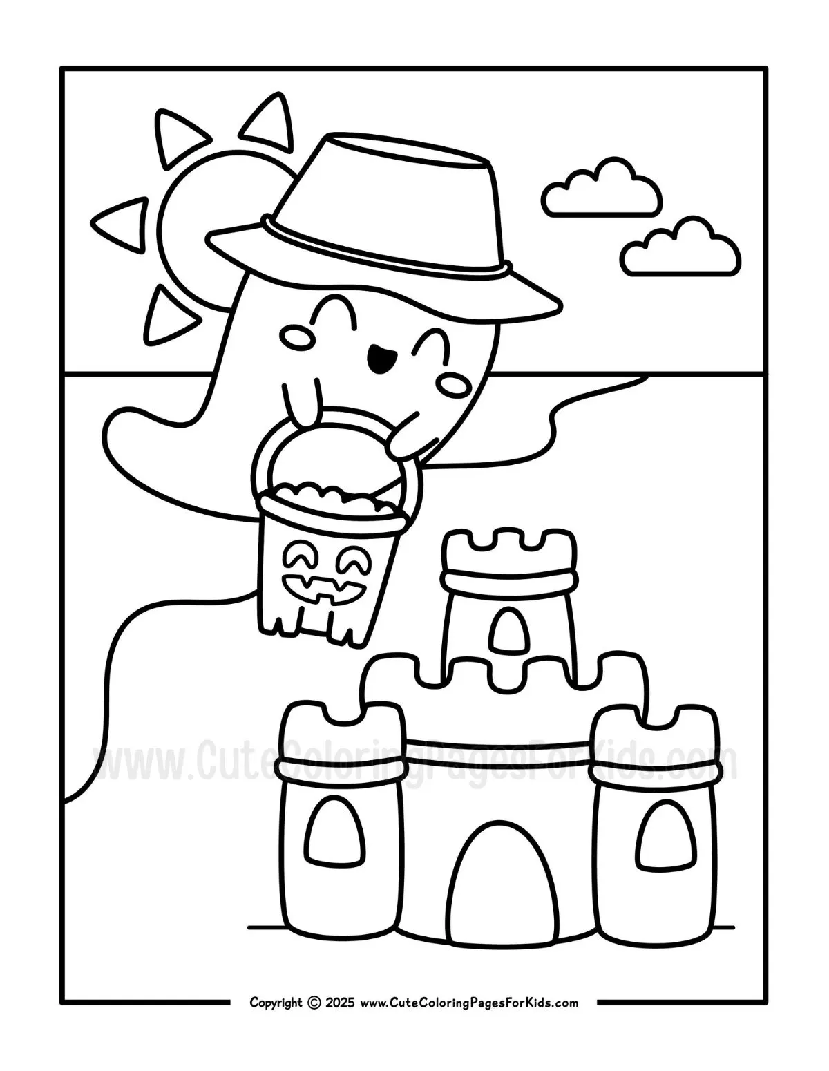 coloring page with picture of a cute ghost building a sand castle on the beach