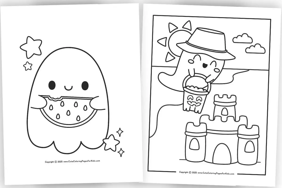 summerween coloring pages with ghosts enjoying summer activities