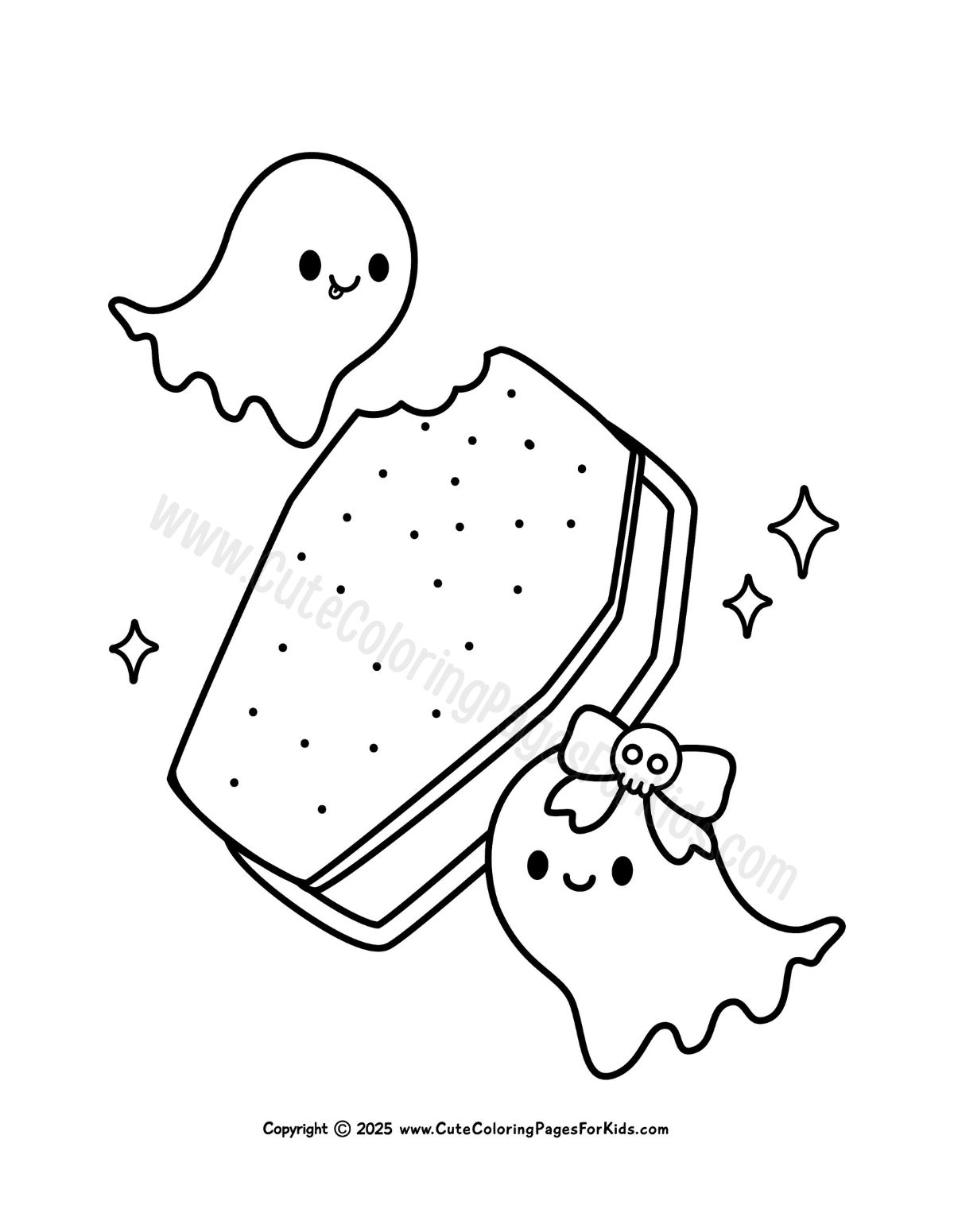 coloring page with two ghosts eating a casket shaped ice cream sandwich