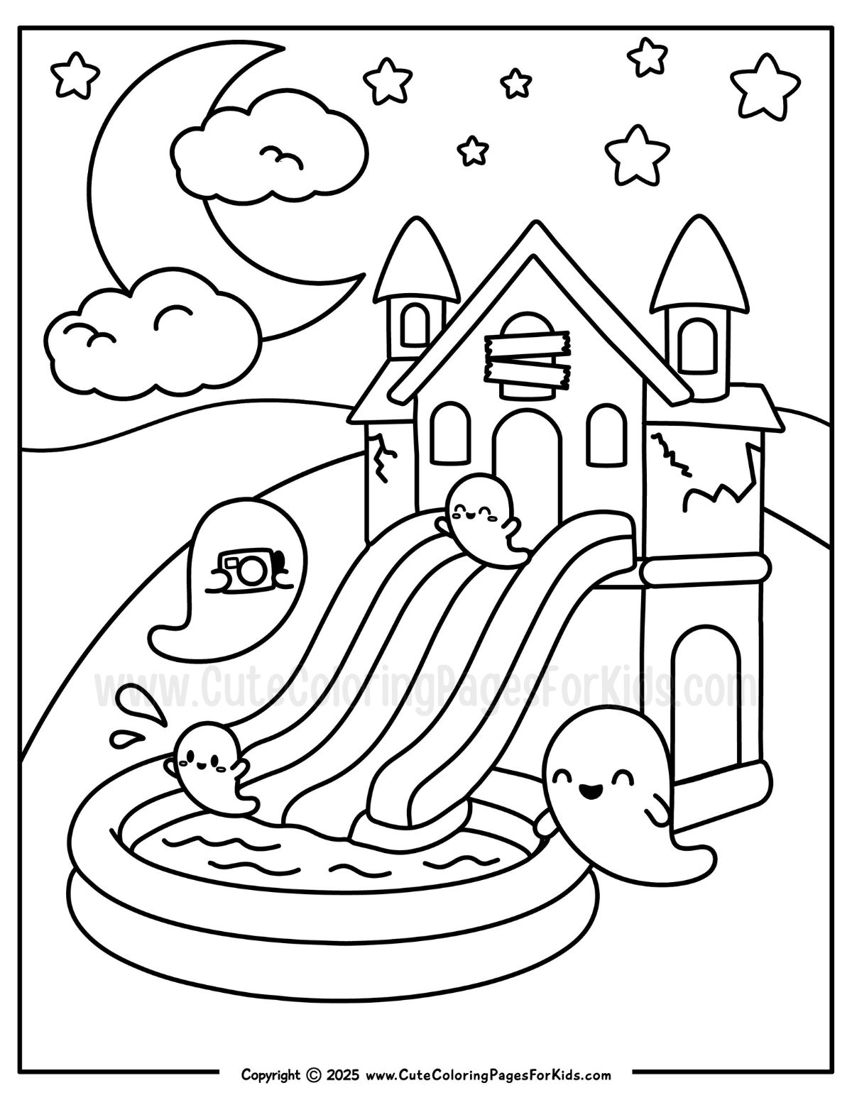 summertime ghosts coloring page with a group of ghosts playing on a haunted house themed inflatable pool