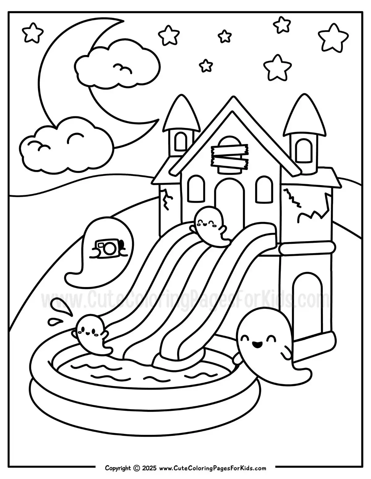 summertime ghosts coloring page with a group of ghosts playing on a haunted house themed inflatable pool