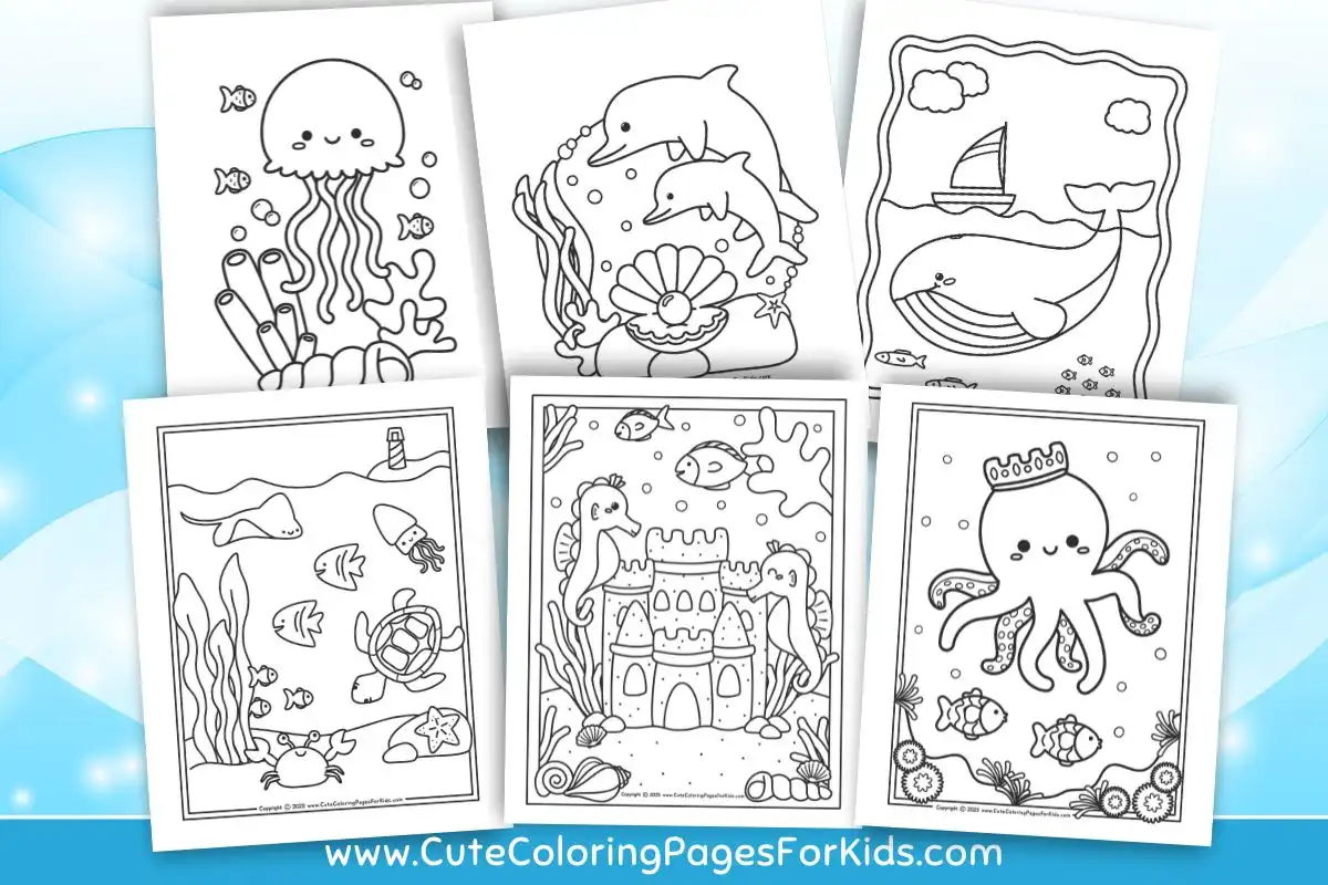 six ocean coloring page printables from cutecoloringpagesforkids on a blue background