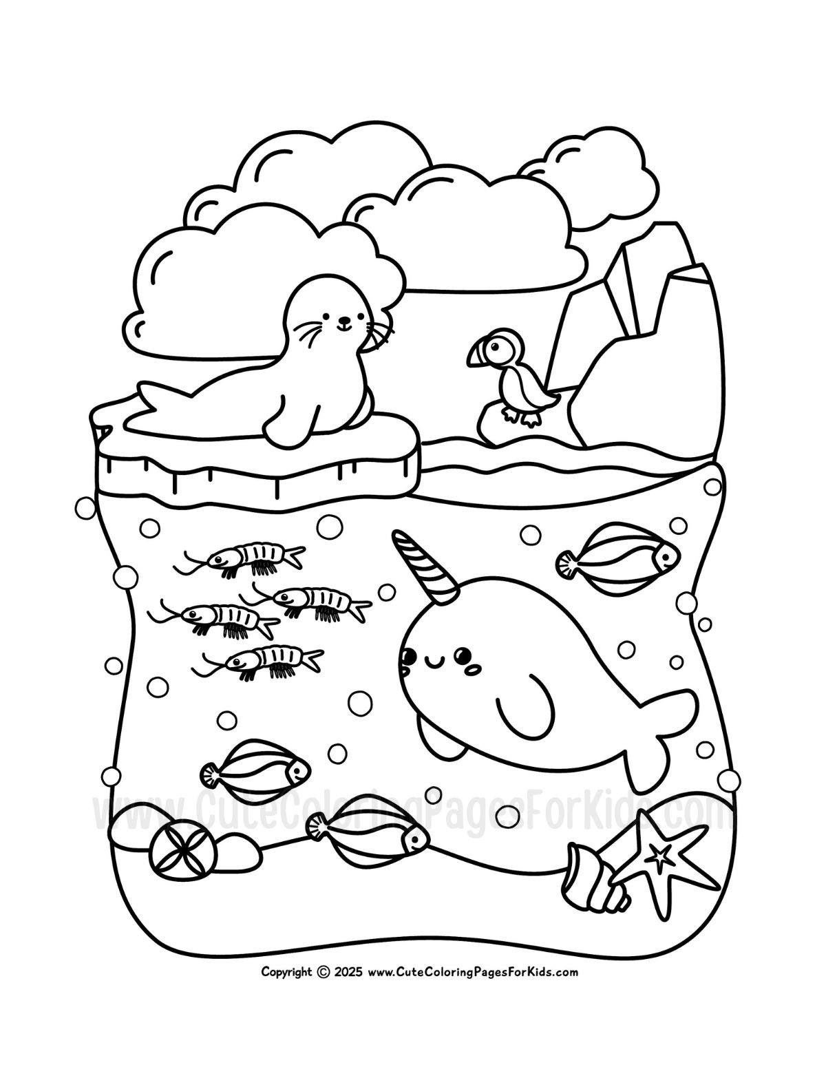 arctic ocean coloring page with cute narwhal, krill, a seal, and more