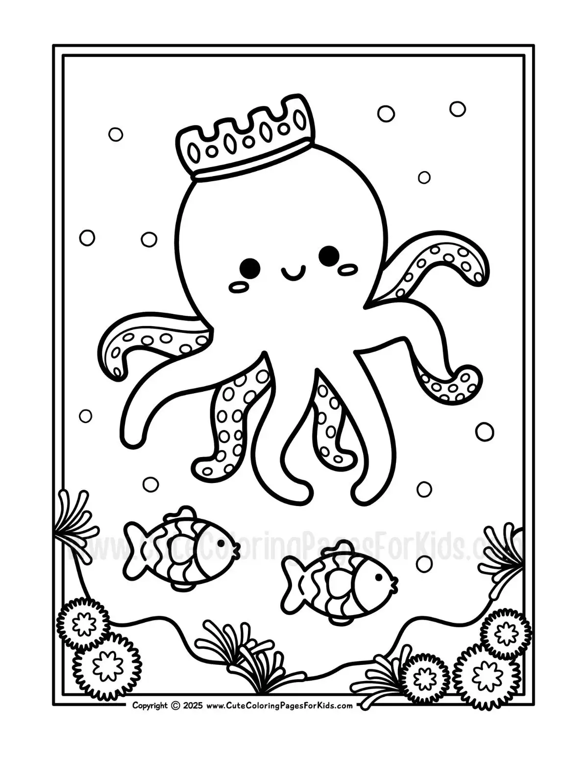 cute ocean coloring page for kids with octopus and fish