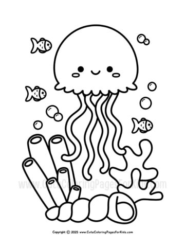 easy ocean coloring page featuring a cute jellyfish, fish, shells, and coral