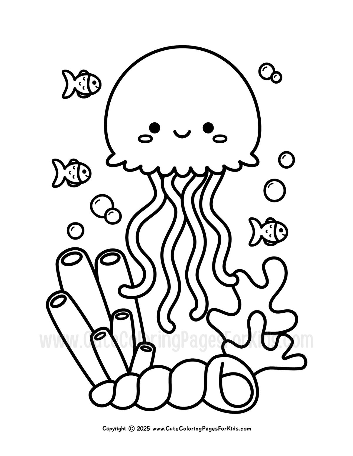 easy ocean coloring page featuring a cute jellyfish, fish, shells, and coral