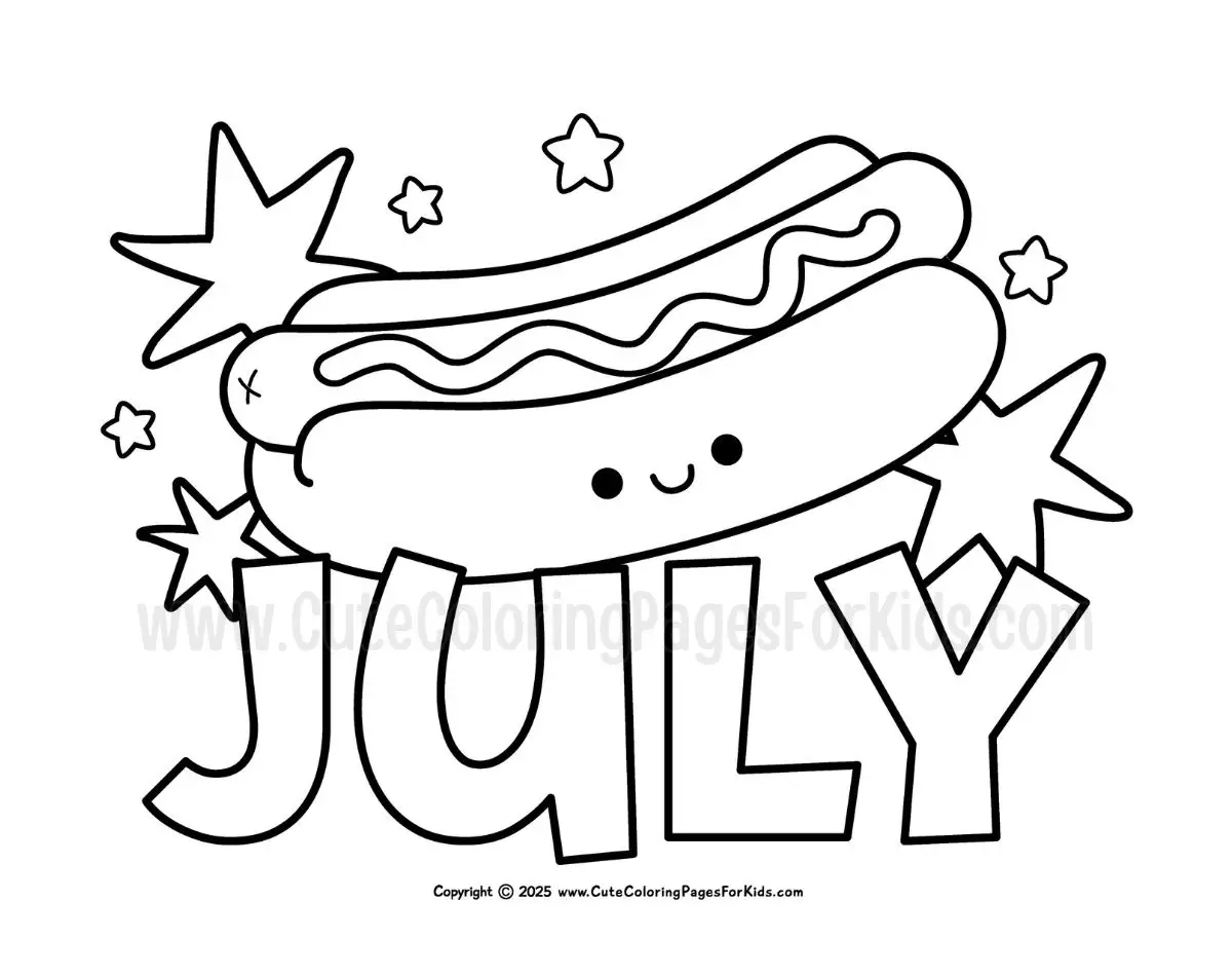july coloring page with hot dog and stars