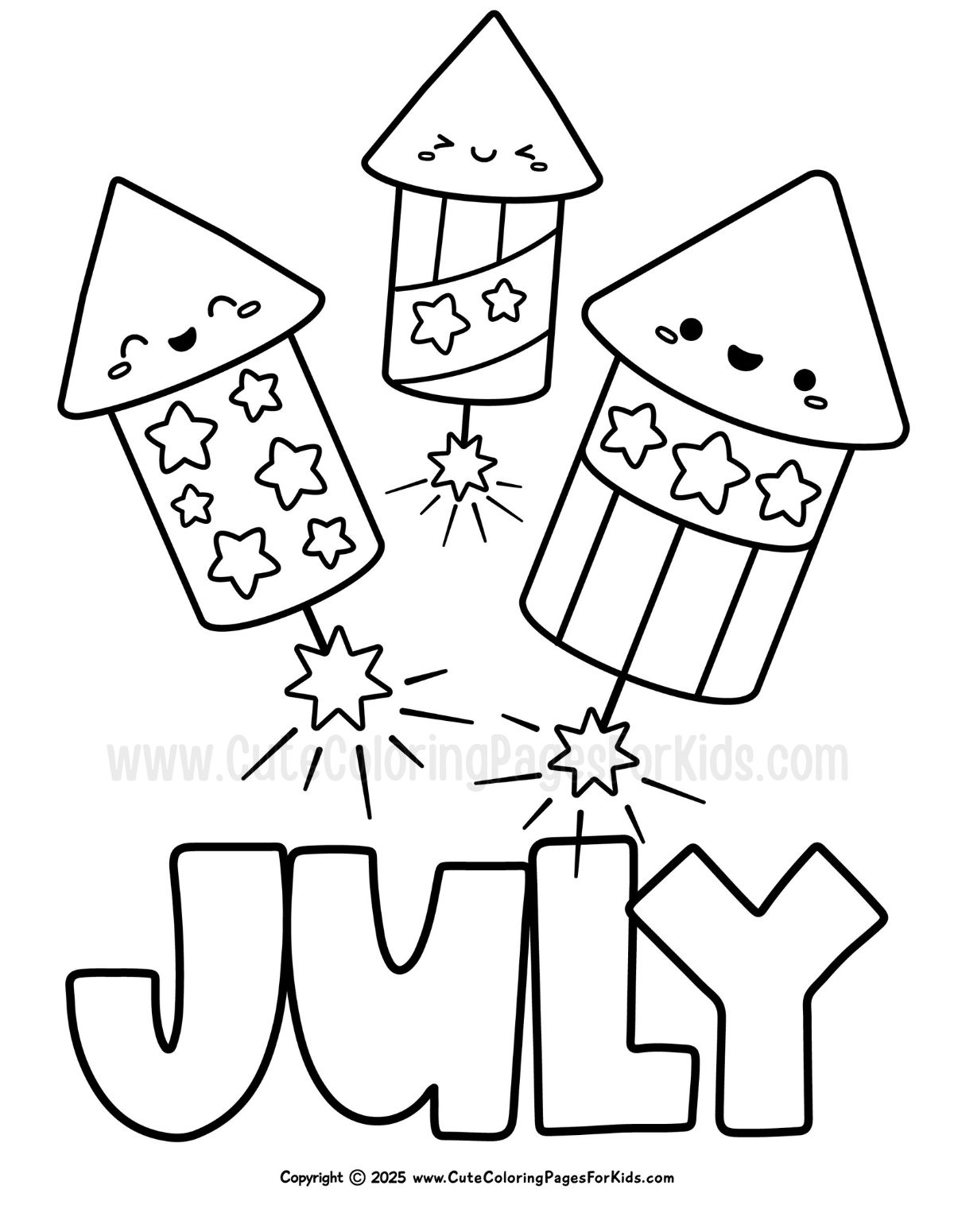 July fireworks coloring page with 3 firecrackers 