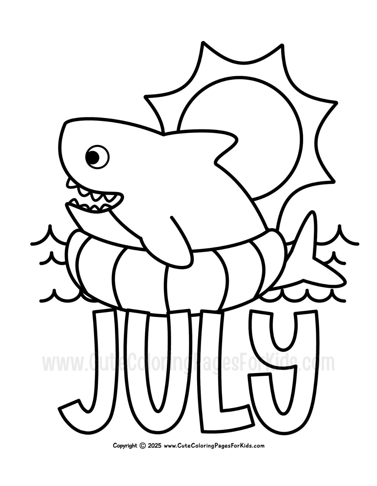 shark themed july coloring page for kids