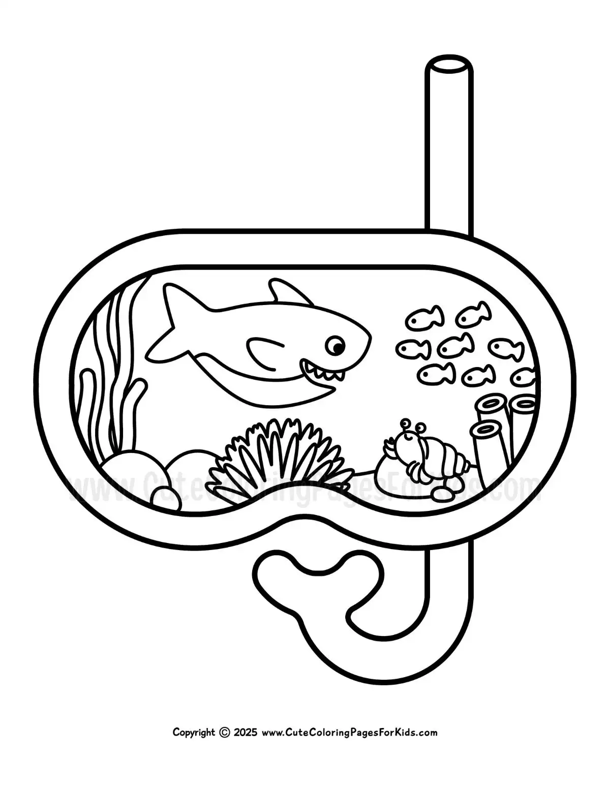 Coloring page of an ocean scene reflected from a diving mask