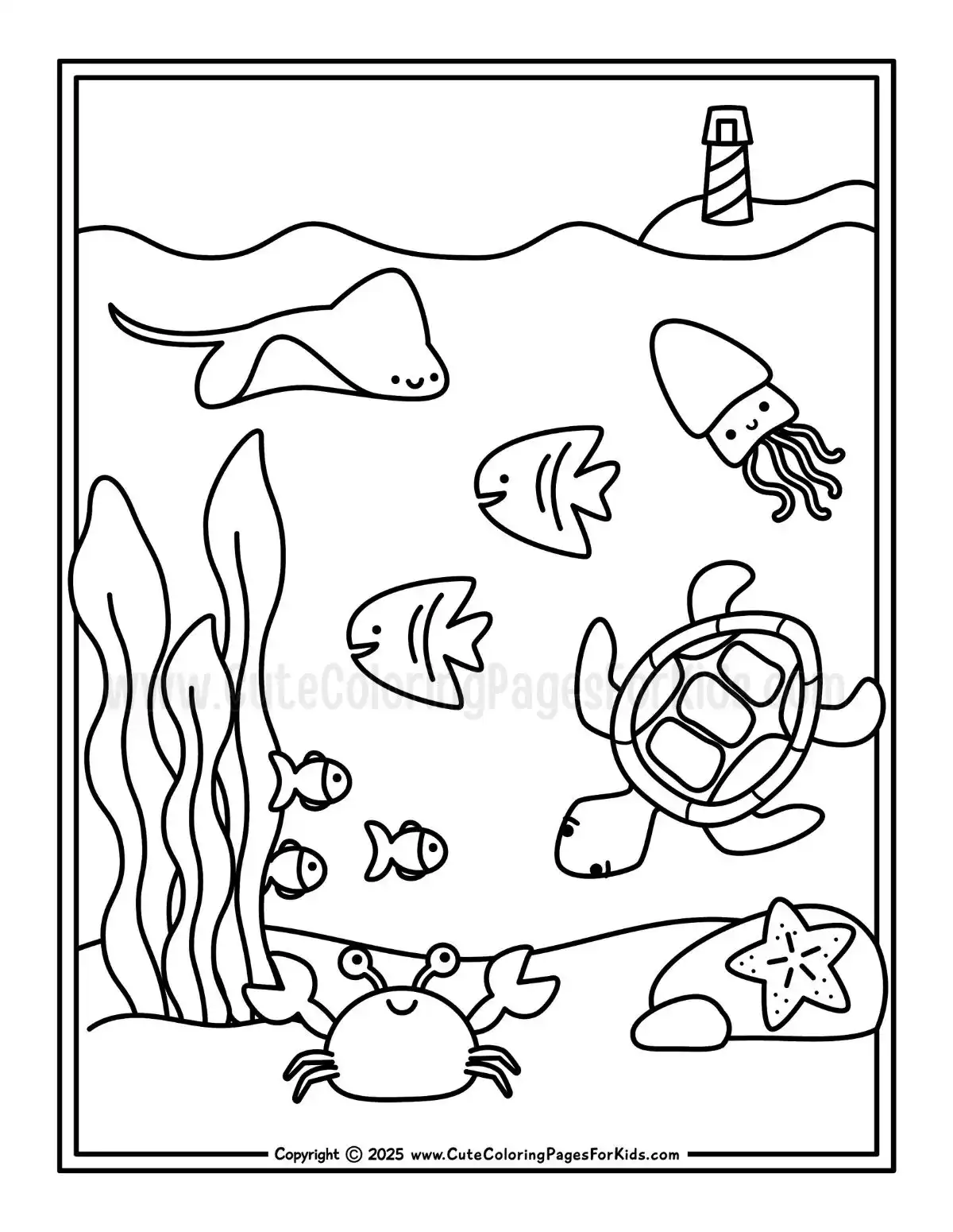 ocean coloring page with underwater scene of ocean animals, grasses, and starfish