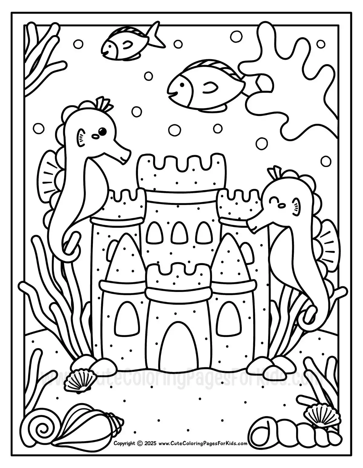 detailed ocean coloring page with cute seahorses playing in front of a sandcastle, surrounded by fish, coral, and shells.