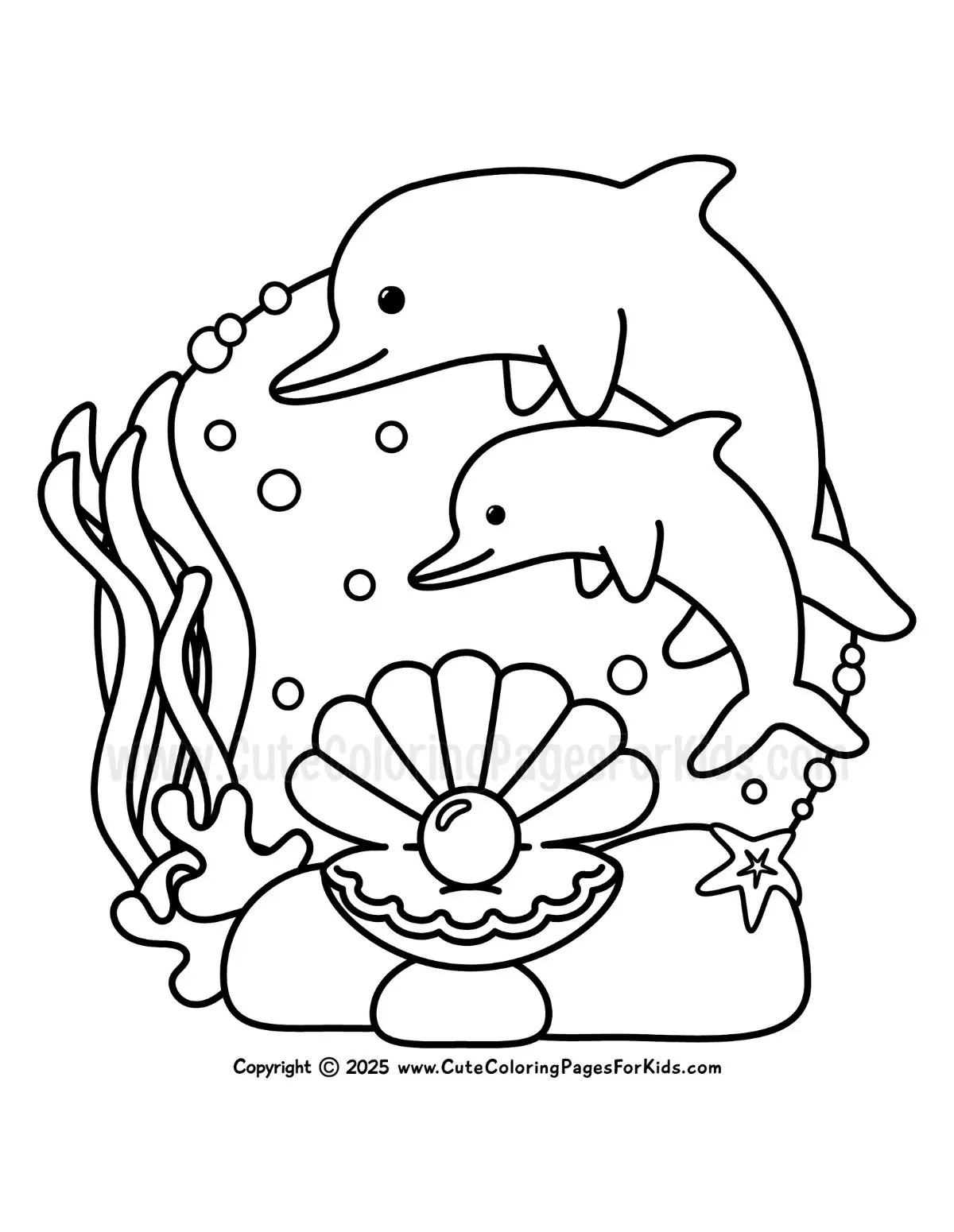 simple ocean coloring page with dolphins and pearl clam