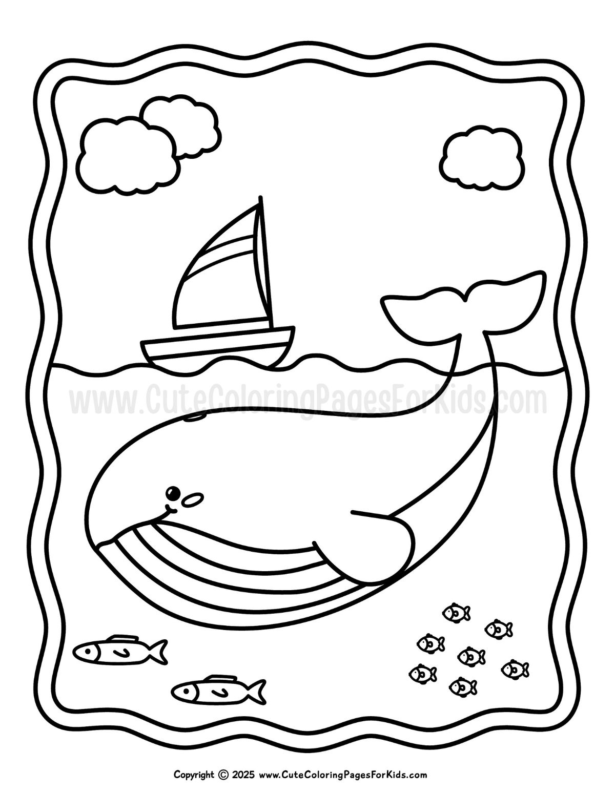 ocean scene to color with whale diving under a boat