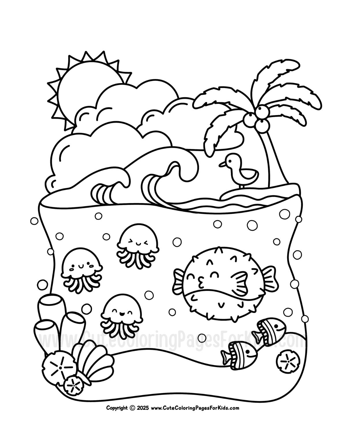 tropical ocean coloring page with cute pufferfish and moon jellies 