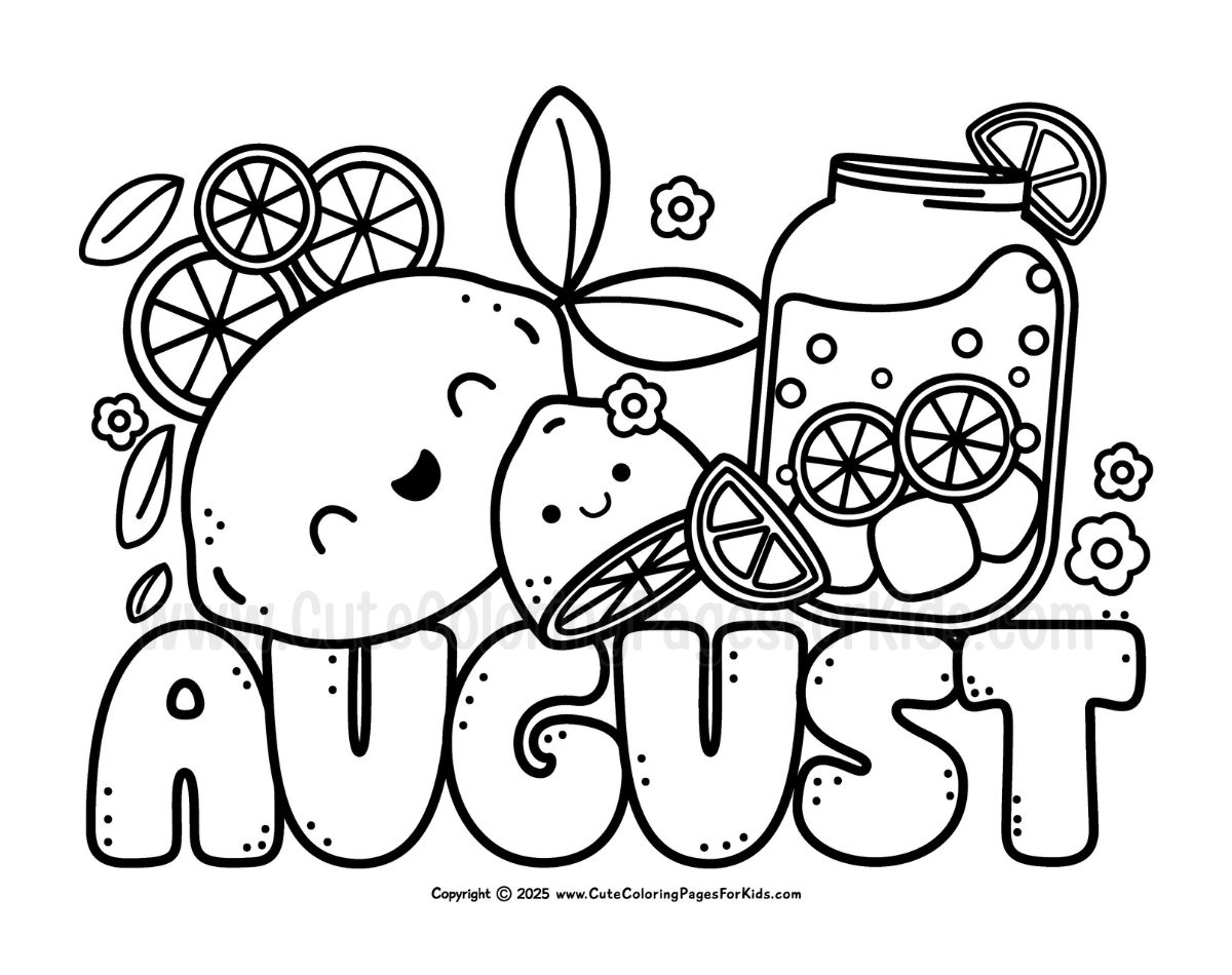 Cute August coloring sheet with happy lemons and jar of lemonade