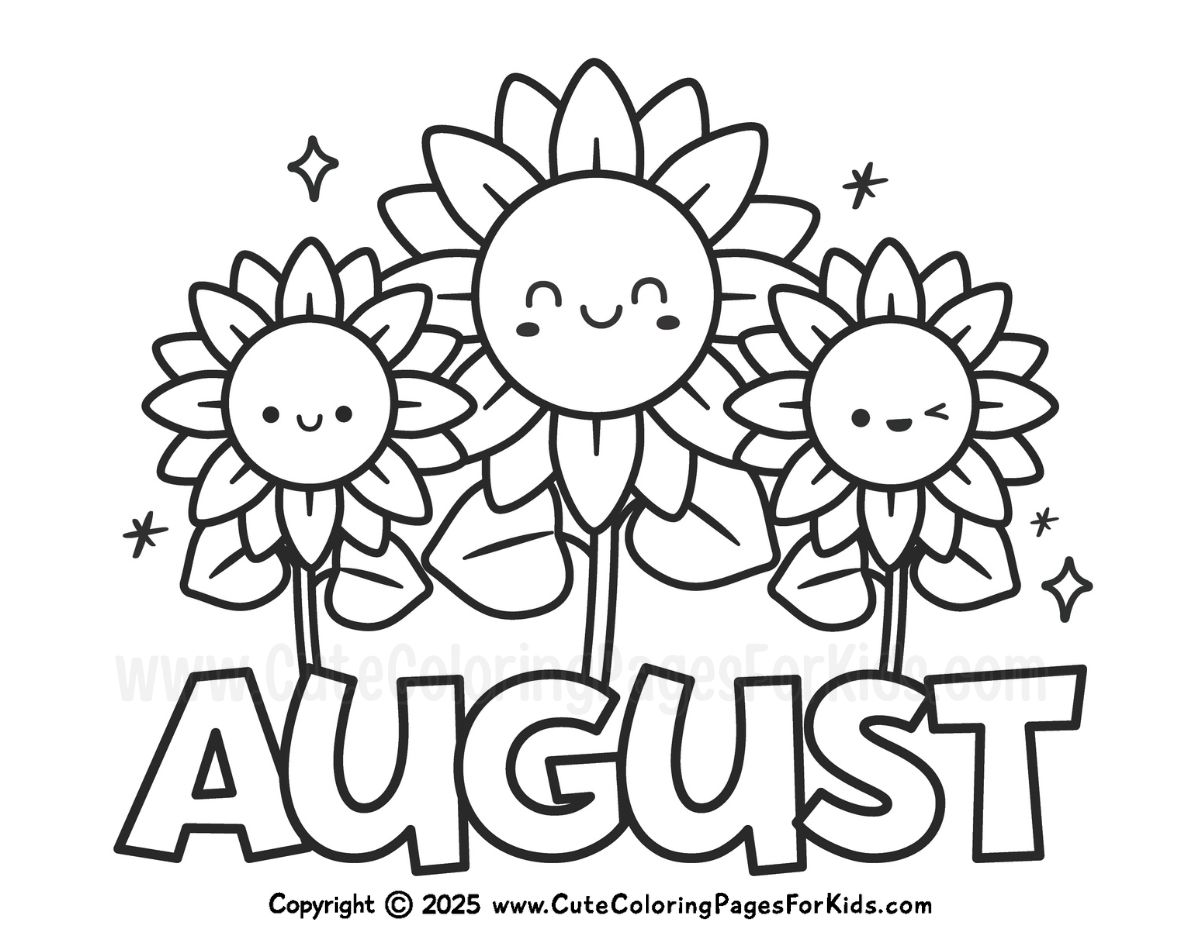 August coloring page with happy sunflowers